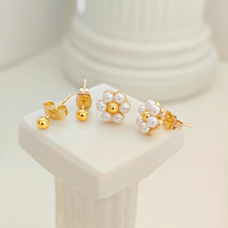 IMBOS Pearl Earrings 14k Gold Plated Daisy Flower Stud Earrings for Women Ball Stud Flat Back Earring Hypoallergenic Statement Earring Trendy Jewelry Gift for Women - Image 5